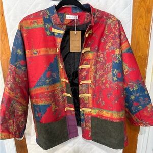 Vintage SooLinen Red Pocket Button Print Women's Jacket w Asian-Inspired Design